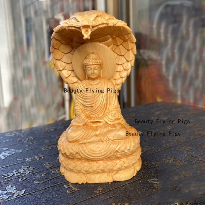 1PC Snake Buddha Statue Cliff Cypress Wood Carving Snake Protecting Buddha Figurine Living Room Orn