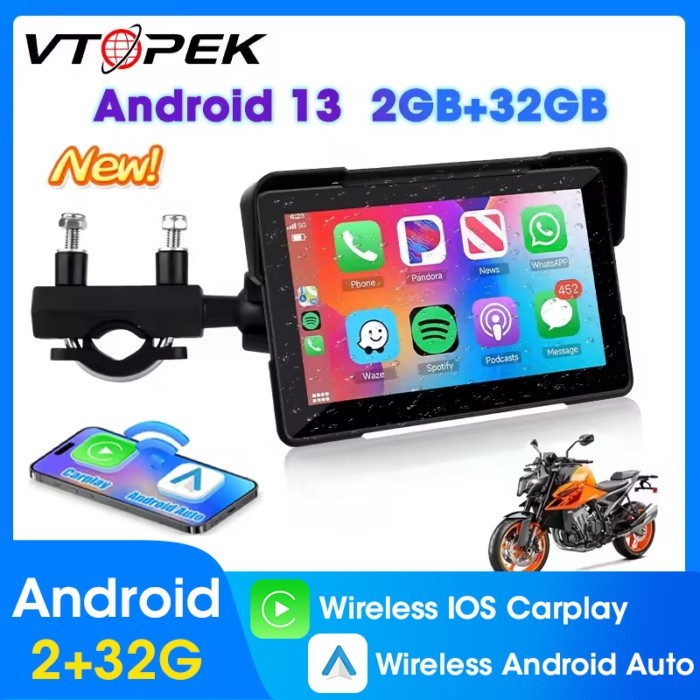 Portable 7 inch Android 13 Motorcycle Navigation GPS Wireless IOS Carplay Android Auto Display Scre