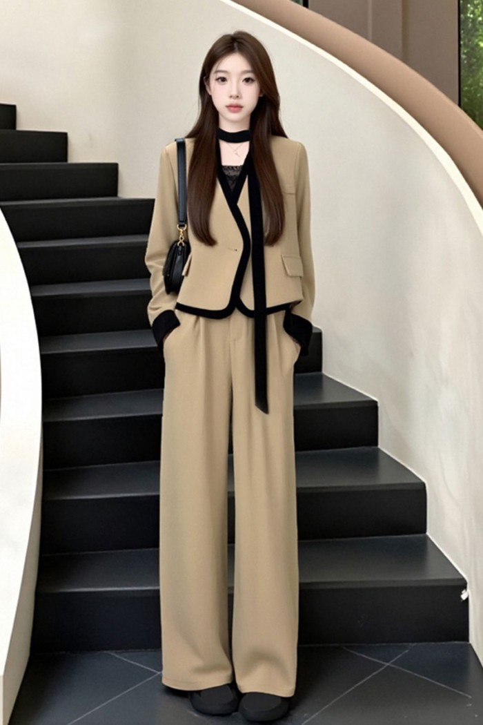 L High-endเกาหลีตัดสีเย็บVคอสั้นเสื้อสำหรับสตรี2025ฤดูใบไม้ร่วงแฟชั่นกางเกงขากว้าง2ชิ้นชุด