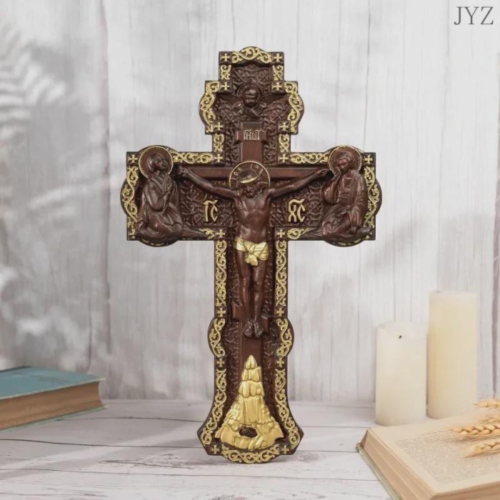 Vintage Simple Wall Cross Jesus Wooden Statue, Orthodox Icon Saint Religious Statue Home Decor