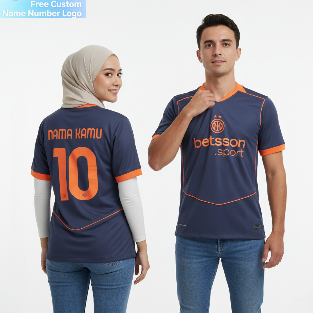 เสื้อฟุตบอล Intr Mln Third Kit สีดำและส้ม ปี 2025–2026 พร้อมชื่อและเลขอัพเกรดเต็มยี่ห้อ UCL และ Seri