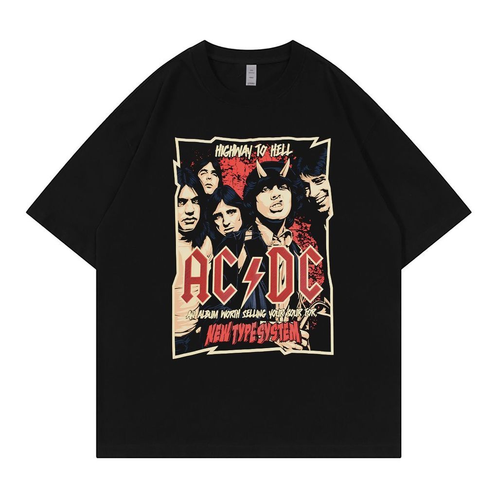 ACDC Band Retro American Street vtg Dropped ไหล่หลวมผ้าฝ้ายพิมพ์รอบคอ Rock เสื้อยืดแขนสั้น