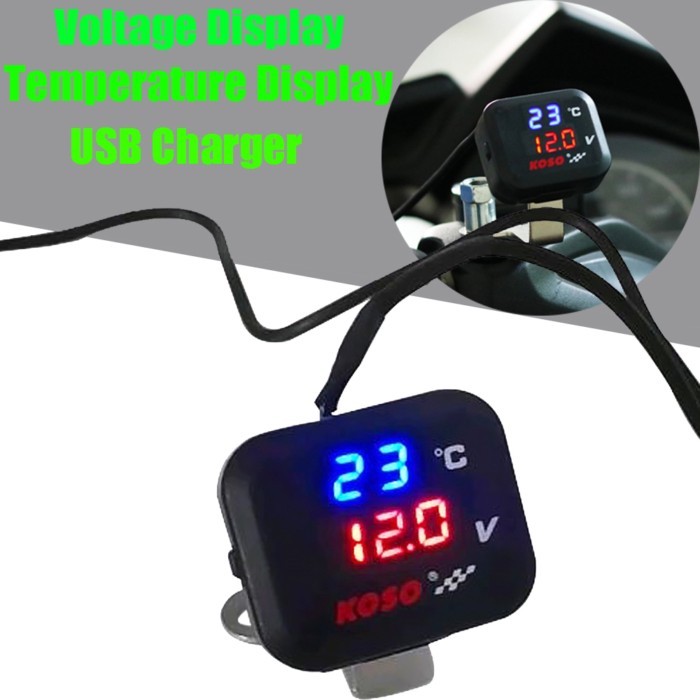 Motorcycle KOSO Voltage Temperature Display Meter USB Charger Voltmeter Thermometer Gauge For YAMAH
