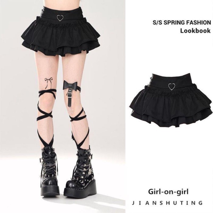 กระโปรงสีดำ A-line สไตล์.slim fit สำหรับหญิง ลายพัฟสำหรับฤดูร้อน กระโปรงสั้นทรงเค้ก