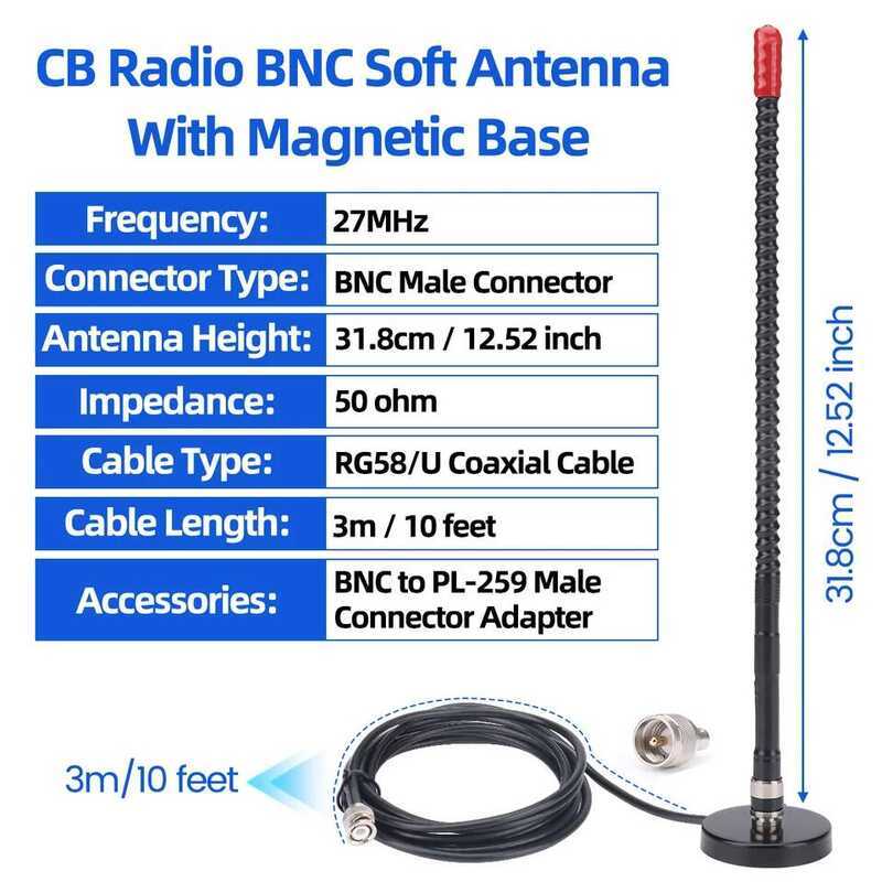 ▥  CB Radio 27Mhz Sma-Female BNC Whip High Gain Antenna For  Tk11 Uv-98 PLUS Rt-