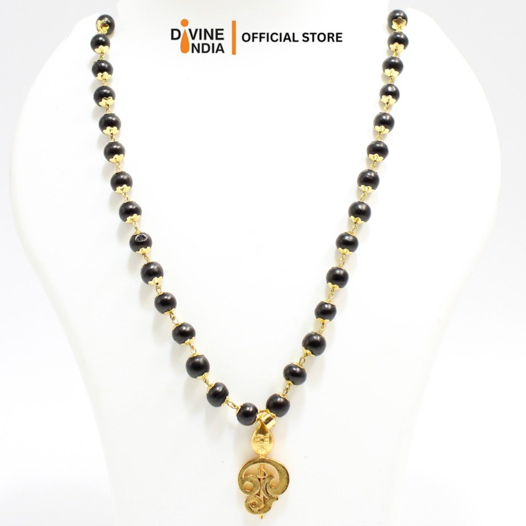 ♞,♘Om จี้เงินเยอรมัน Karungali Malai Ebony ไม้ 8 มม. สร้อยคอลูกปัด Karungali สร้อยคอ Om Kali Malai