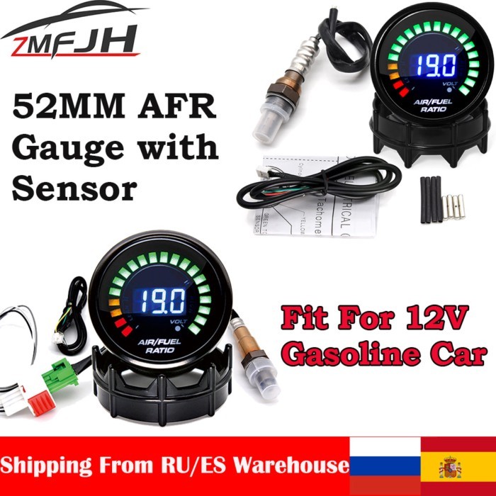 AD 52mm Air Fuel Ratio Gauge Voltmeter AFR Meter 2 In 1 Gauge with Narrowband O2 Oxygen Sensor Car