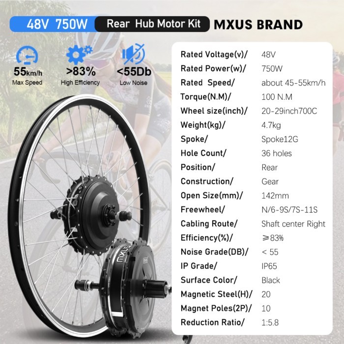 MXUS Brand Electric Bicycle Conversion Kit 48V 750W ebike Brushless Rear Hub Motor Wheel 20-29Inch