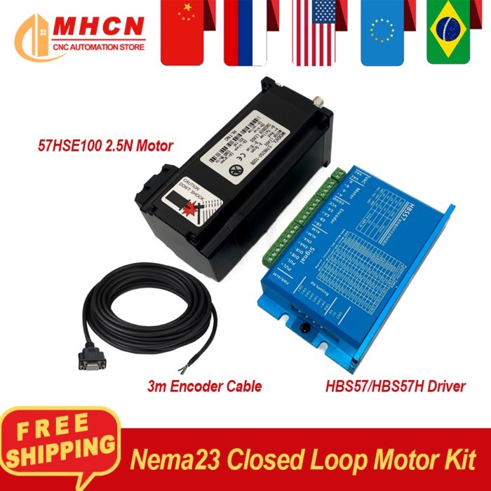 Nema23 Close Loop Stepper Motor Kit 2.5N 3A 57HSE100 Motor+ HBS57H /HBS57 Servo Driver 24-80v + 3 M