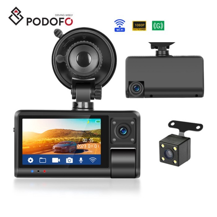 Podofo 3.0" Dash Cam 3 Lens DVR WIFI HD 1080P IP66 Waterproof Driving Recorder Night Vision Built-i