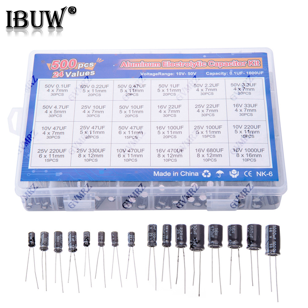 500 ชิ้น/ล็อต 0.1UF-1000UF 24 ค่าตัวเก็บประจุอลูมิเนียมอิเล็กโทรลีติค 16-50V ผสมตัวเก็บประจุอิเล็กโทรลีติค ชุดสารพันและกล่องเก็บ