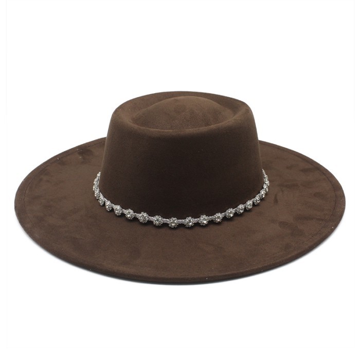 [หมวกสไตล์ชาติพันธุ์] Suede Bump Top Flat Brim French High-End Top Hat Western Cowboy Hat Stage Jazz