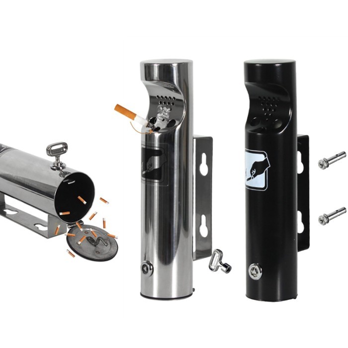 285mm Lockable Wall Mounted Ashtray Outdoor Cylinder Stainless Steel Cigarette Ash Bin Patio Public