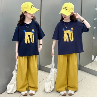Akaki🌼 ฤดูร้อนใหม่ชุดกางเกงขาสั้นเด็กแขนสั้นสำหรับเด็กผู้หญิงขนาดเล็กและขนาดกลางการ์ตูนพิมพ์คอกลมแ