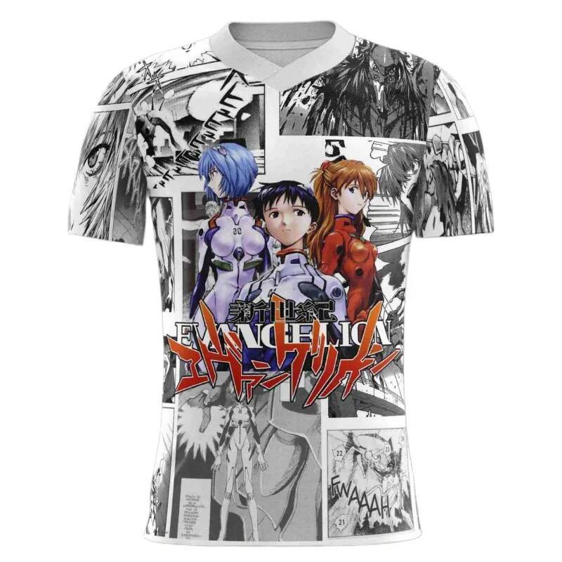 เสื้อยืดคอกว้างแบบ V ลายอนิเมะ Neon Genesis Evangelion ตัวละคร Shinji, Rei, Asuka สไตล์ manga พร้อมภ