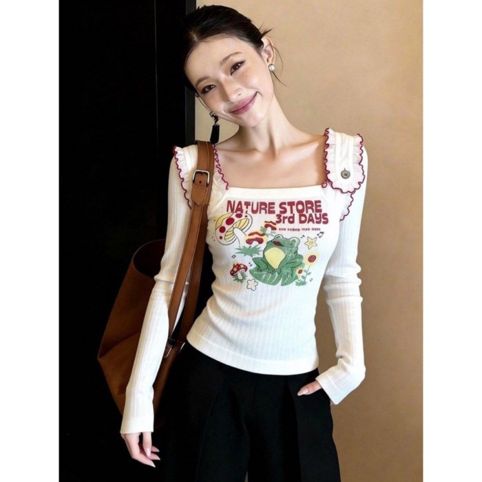เสื้อยืดแขนยาวพิมพ์ลายการ์ตูน ดีไซน์หวานๆ ใส่สบายสำหรับวันสบายๆ