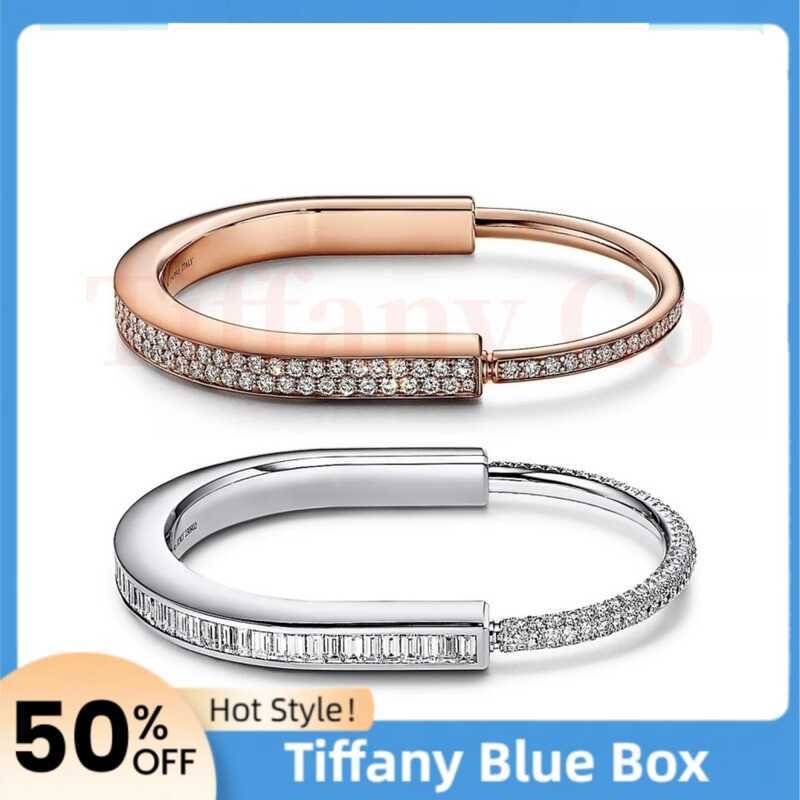 Luxury Tiffany & Co Lock Bangle 18K White Gold Baguette Diamonds Unisex Fine Jewelry Daily Office We