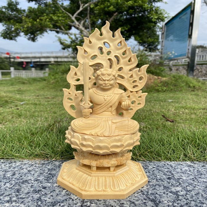 Hinoki Wood Hand Carved Fudo Myoo Statue Zodiac Rooster Guardian Buddhist Figurine Ornament Feng Sh