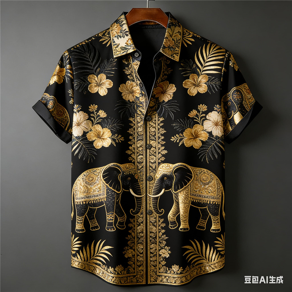 ใหม่เสื้อพิมพ์ลายช้างโบฮีเมียนสําหรับผู้ชายแขนสั้นวินเทจลําลองปุ่มขึ้นชายหาดวันหยุดท็อปส์