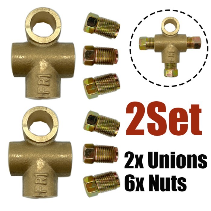2 Sets 10mm Brake Pipe Fittings 3 Way Brake T Piece Tee W/ 3 Male Nuts Union Metric M10 3/16" Pipe