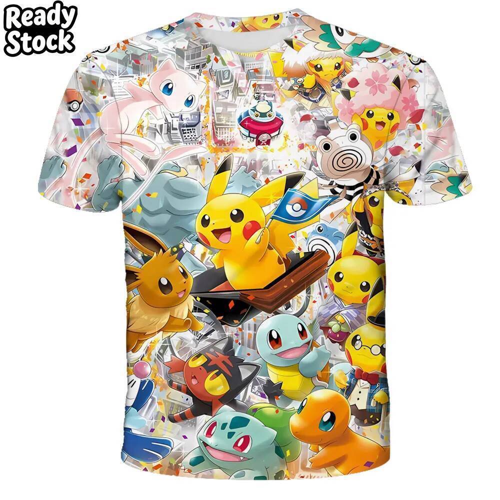 2026 ใหม่ เสื้อยืดอนิเมะชิลเรนส์เด็ก 3D ลายโปเกมอน แขนสั้น เด็กชายหญิง พ่อแม่ลูก