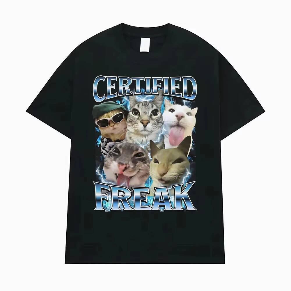 Certified Freak เสื้อยืดแมวตลก Meme สไตล์วินเทจ 90s ผ้าฝ้าย ใส่สบาย สําหรับผู้ชายและผู้หญิง