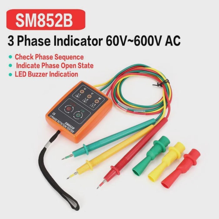SM852B 3 Phase Rotation Tester Digital Phase Indicator Detector LED Buzzer Phase Sequence Meter Vol