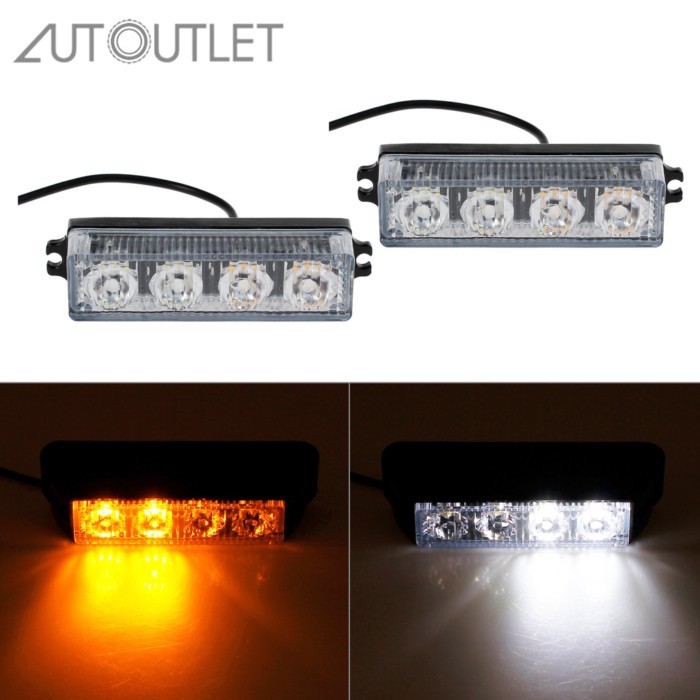 AUTOUTLET 2Pcs Car Emergency Light Strobe Flashing 4 LEDs Signal Lighting Amber White Light Color f