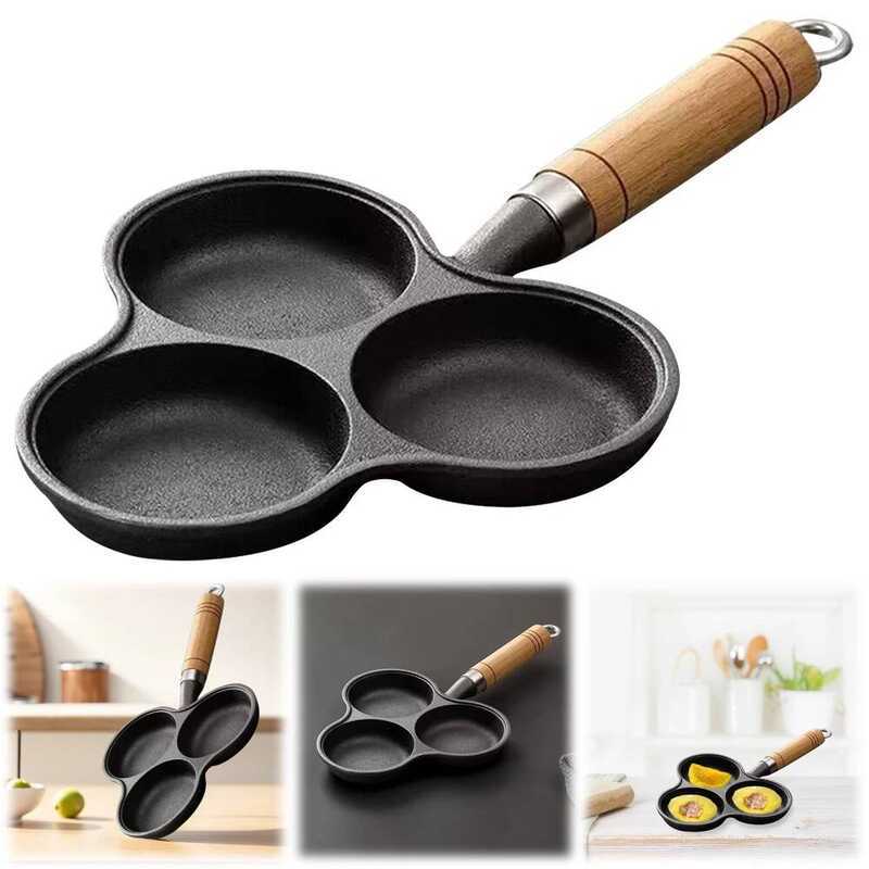 C 3 Hole Cast Iron Omelet Pan Non-Stick Cooking Egg Pan Breakfast Grill Cooking Pot Egg Frying Pan