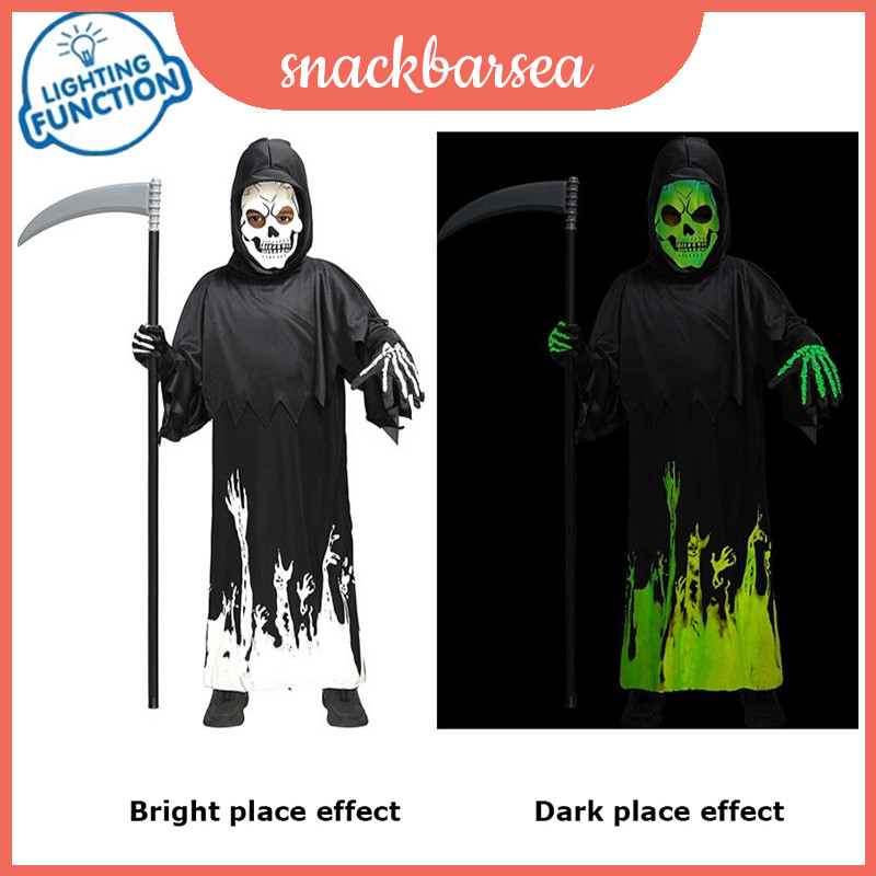 Grim Kids Halloween Reaper Death Costume With Sickle Prop Luminous