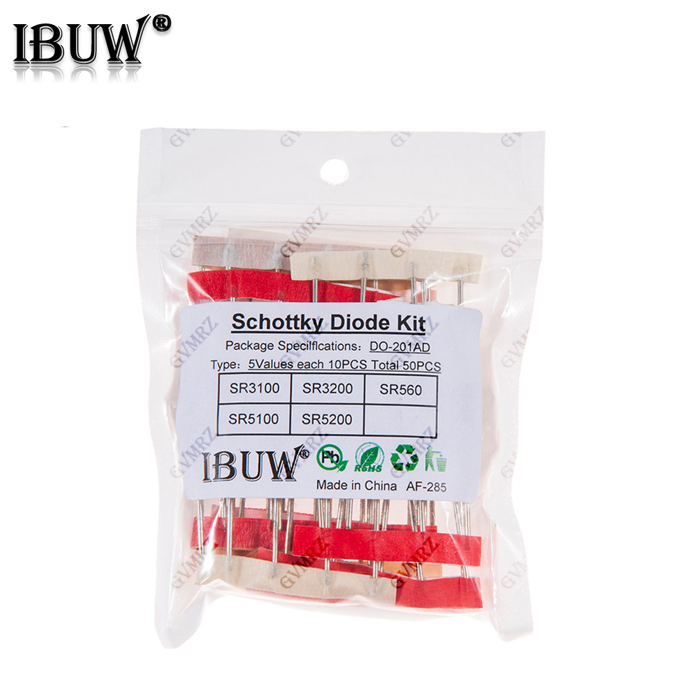 50 ชิ้น 5 ค่า Schottky Diode Kit SR3100/SR3200/SR560/SR5100/SR5200 DO-201AD สําหรับการตรวจสอบพลังงาน