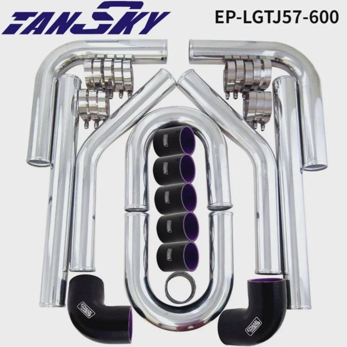 Universal 2.25 inch 57mm Turbo Intercooler Aluminum Pipe Silicone Hose Kit Black Length:600mm For G