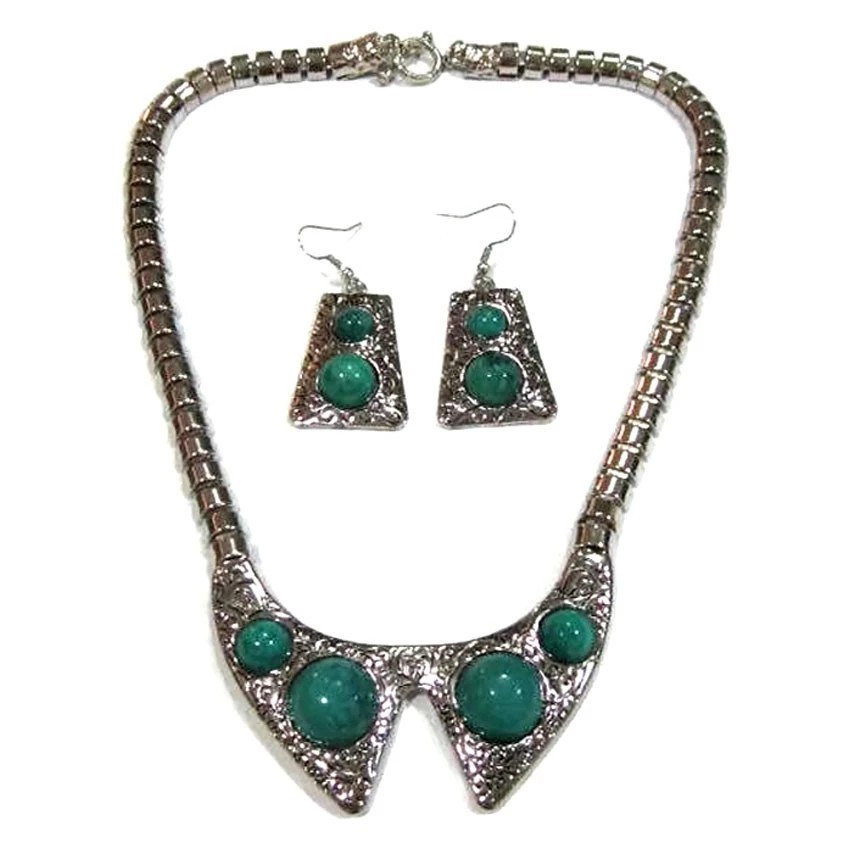 ♞,♘,♙TANITTgems Antique Turquoise Tibet Silver Necklace Set#1502