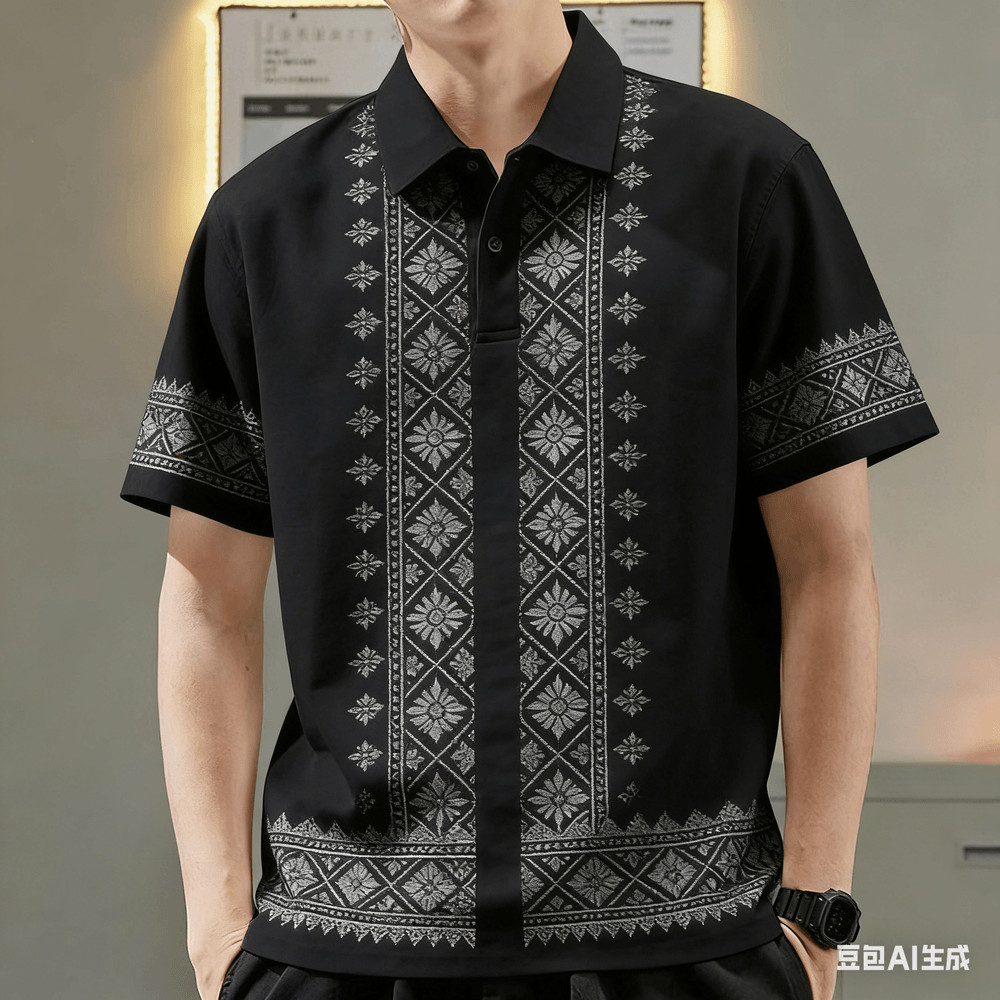 เสื้อโปโลผู้ชาย แขนสั้น สไตล์วินเทจ เสื้อบารอง ใส่ง่ายๆ ในวันพักผ่อนหรือสวมใส่ท่องเที่ยวกลางแจ้ง