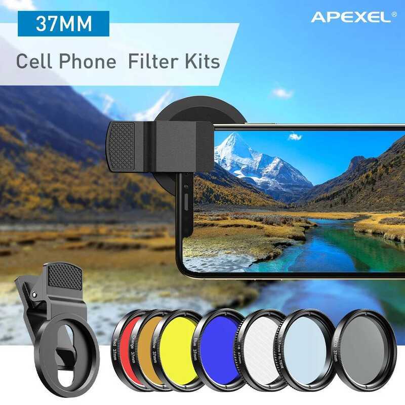 ▥ Apexel7 In 1 Phone Lens Kit 0.45X Wide +37Mm UV Full Blue Red Color Filter+Cpl Nd32+Star Filt