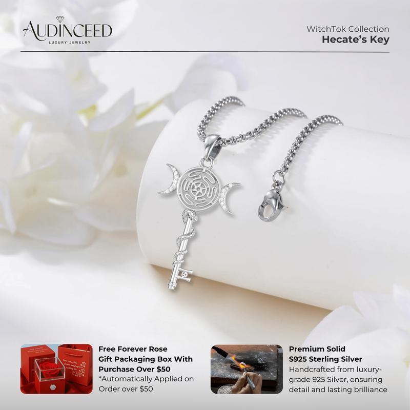 ♞,♘Audiceed Hecates Key S925 Sterling Silver Moonstone Necklace, Witchtok Collection, Hekate Triple