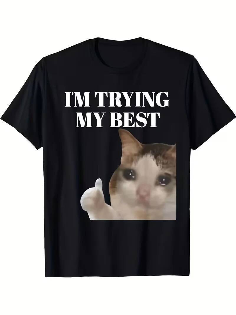 แมวตลก Meme เสื้อยืด Sad Crying Cat Munchkin Kitty Meme เสื้อยืดอินเทรนด์- เสื้อแขนสั้นลําลองสีดําสํ