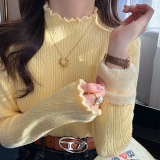 เสื้อกันหนาวสีเหลืองสำหรับผู้หญิง แบบครึ่งคอเต่า ซับในขนแกะห…