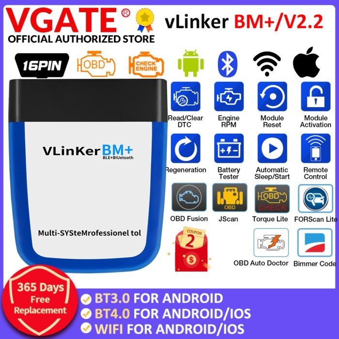 Vgate vLinker BM ELM327 V2.2 OBD2 Scanner Bluetooth-Compatible 4.0 Car Diagnostic Auto Tool Bimmerc