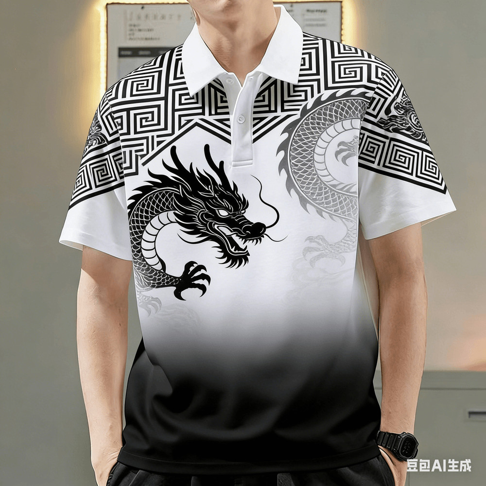เสื้อโปโลผู้ชายสําหรับผู้ชายเสื้อผ้าจีนมังกรกราฟิกพิมพ์เสื้อลําลองแขนสั้นเสื้อโปโลกลางแจ้ง Street สว