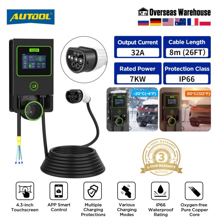AUTOOL C701 AC Home Electric Vehicle EV Charger Station Wall-mounted Car Charger 7KW 32A Current Ad