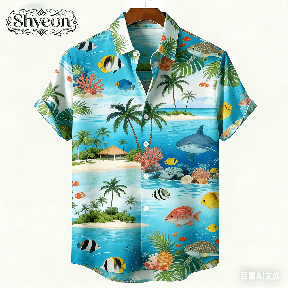 เสื้อฮาวายแขนสั้นสำหรับผู้ชาย ลายเขตร้อน ใส่ได้ทั้งในชายหาดและลำลองฤดูร้อน