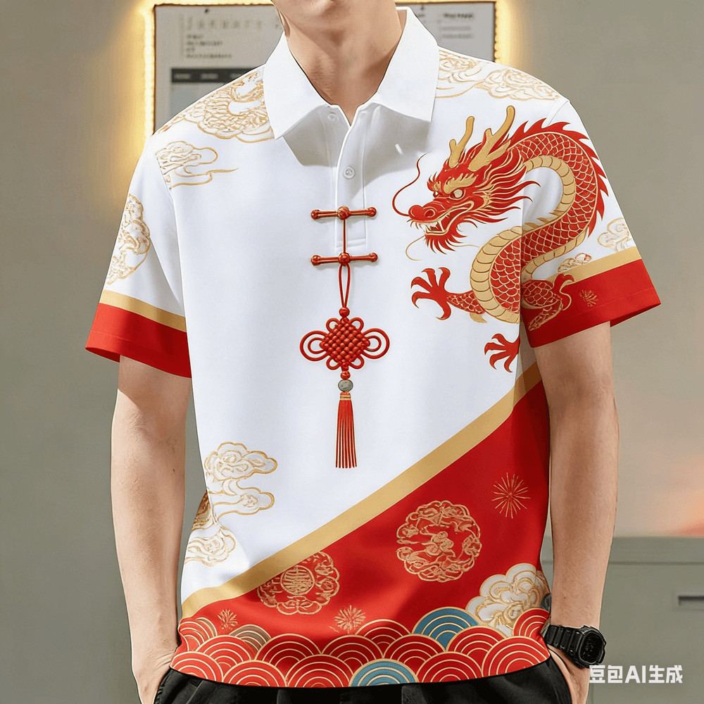 Lunar New Year เสื้อโปโลแขนสั้นลําลองผู้ชาย สไตล์จีน สําหรับกลางแจ้ง Street สวมใส่ 77c