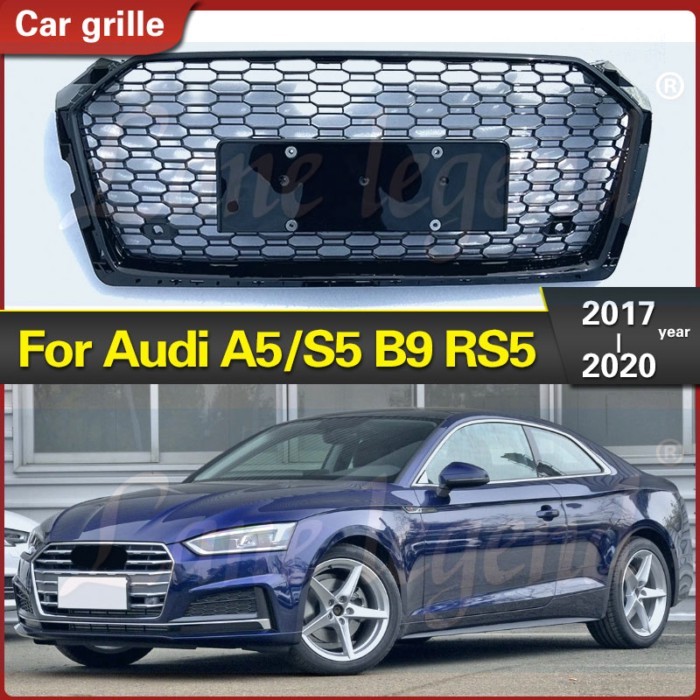 For RS5 Style Front Sport Hex Mesh Honeycomb Hood Grill Black for Audi A5/S5 B9 2017-2020 Racing Gr