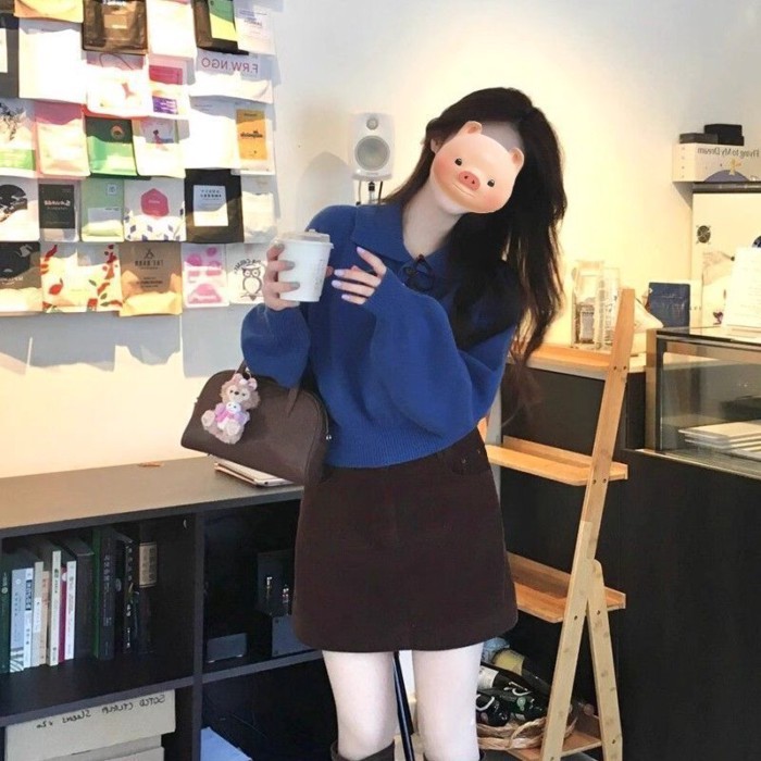 เสื้อกันหนาวแขนยาวสไตล์เกาหลีเรียบง่าย แบบลูกเกลียวคอลายโปโล กิเลนบลูสำหรับผู้หญิง - รูปที่ 4