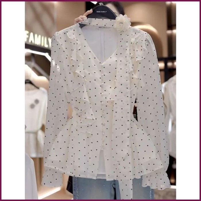 เสื้อเชิ้ตฝรั่งเศสคอวีผูกโบว์ลายจุด แขนยาวทรงหลวม กระดุมแถวเดียว ใส่สบาย เนื้อผ้าคุณภาพดีใหม่ไซส์ครบ