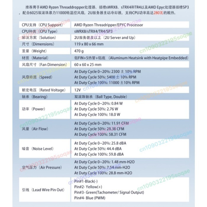 FOR AMD SP3 trx40 2U Server Heat Sink CPU Fan 280w A38 A26 T17