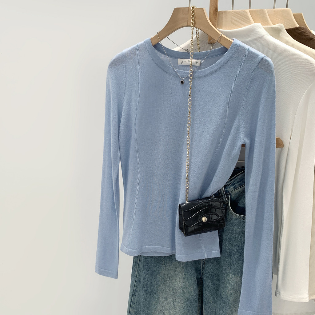 เสื้อคอกลมสีทึบ สลิมฟิต จากผ้าขนสัตว์ถัก เหมาะสำหรับสวมใส่ทุกวัน98320