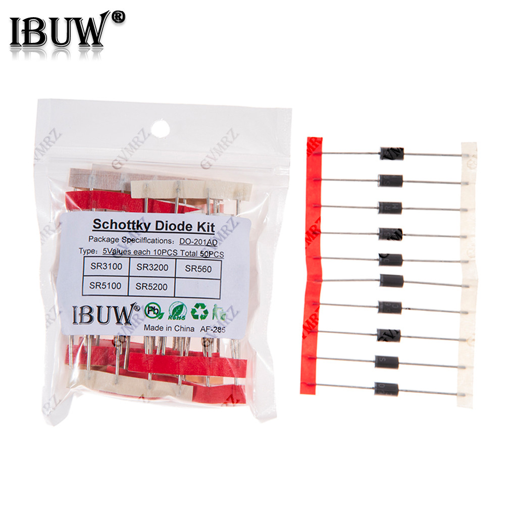 50 ชิ้น 5 ค่า Schottky Diode Kit SR3100/SR3200/SR560/SR5100/SR5200 DO-201AD สําหรับการตรวจสอบพลังงาน