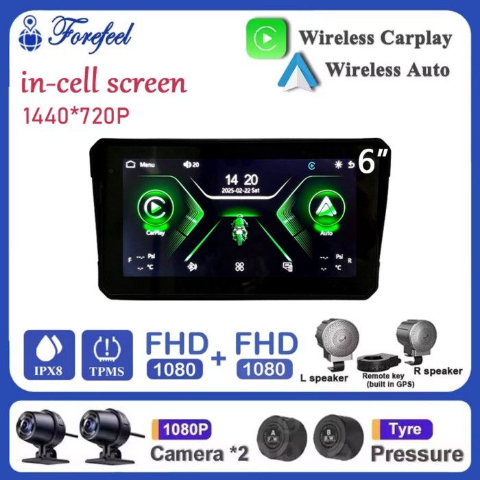 Android Auto For Motorcycle 6'' Touch Screen With GPS TMPS Waterproof Wireless Carplay Anti-shake N
